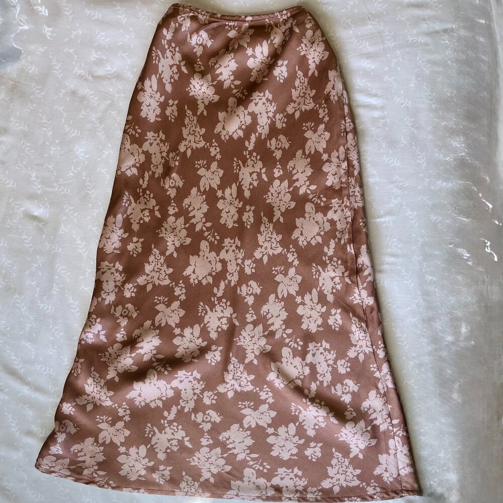 Motel Rocks Blossom Brown Satin Floral Midi Skirt Flowy